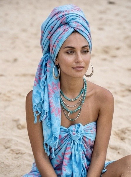 SUN Boho Beach Sarong from Indonesia – Turquoise Batik Pareo – Multipurpose Beach Wrap, Bikini Cover Up, Bohemian Scarf, Summer Beachwear