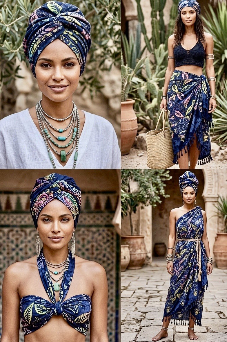 LEAF Boho Beach Sarong from Indonesia – Deep Blue Batik Pareo – Multipurpose Beach Wrap, Bikini Cover Up, Bohemian Scarf, Summer Beachwear