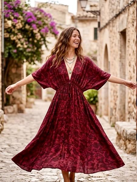 AURA DRESS BotanicaPrints NaturalDyeSummerDress with plant based colors Blockprint Viscose Dress Long