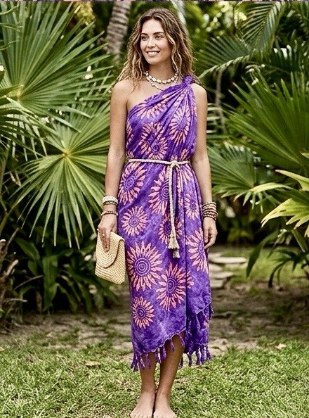 SUN Boho Beach Sarong from Indonesia – Lila Batik Pareo – Multipurpose Beach Wrap, Bikini Cover Up, Bohemian Scarf, Summer Beachwear