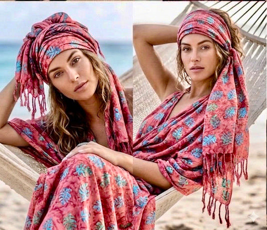 LEAF Boho Beach Sarong from Indonesia – Hot Pink Batik Pareo – Multipurpose Beach Wrap, Bikini Cover Up, Bohemian Scarf, Summer Beachwear