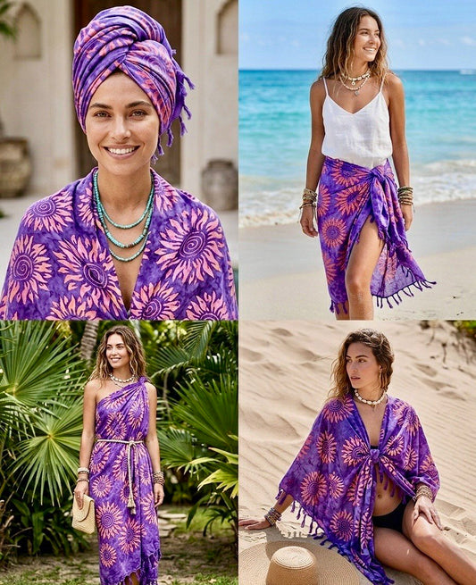 SUN Boho Beach Sarong from Indonesia – Lila Batik Pareo – Multipurpose Beach Wrap, Bikini Cover Up, Bohemian Scarf, Summer Beachwear