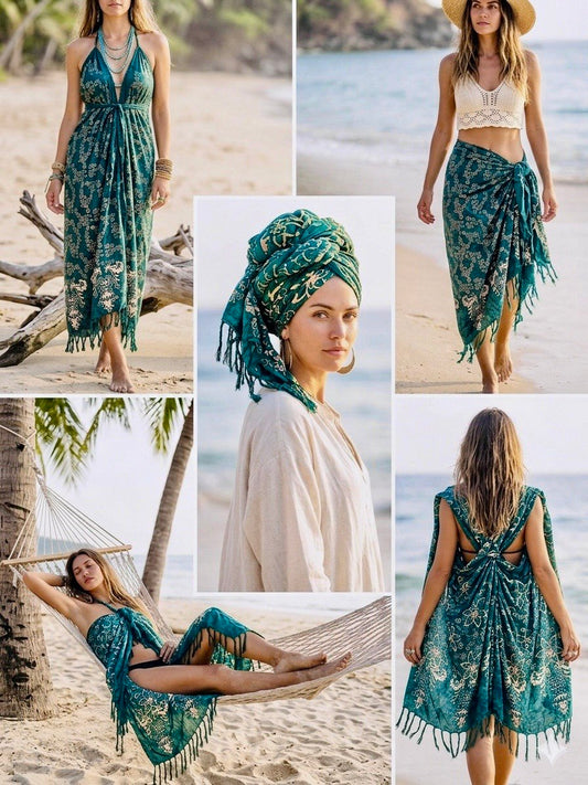 EARTH Boho Beach Sarong from Indonesia – Forest Velvet Batik Pareo – Multipurpose Beach Wrap, Bikini Cover Up, Bohemian Scarf, Summer Beachwear